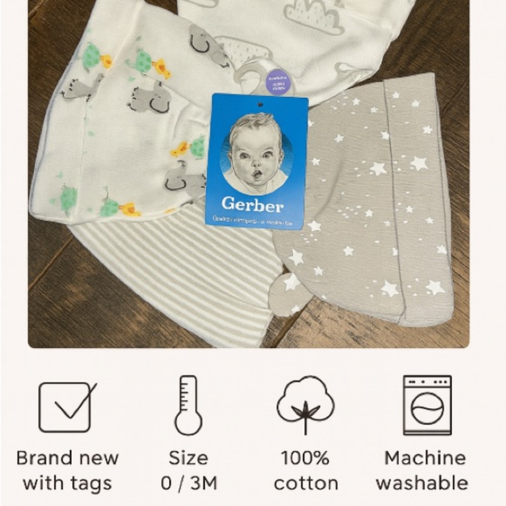 Gerber Baby Hats Newborn 0-3M Neutral 4 Pack Cotton Elephants Clouds Stars